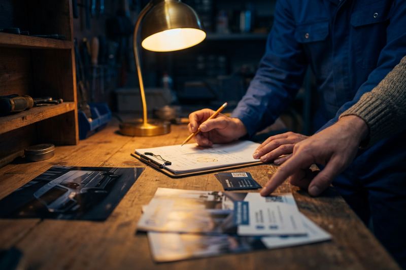 Hände deuten auf ausgebreitete Werbemittel und Notizen auf einem Werkstatttisch