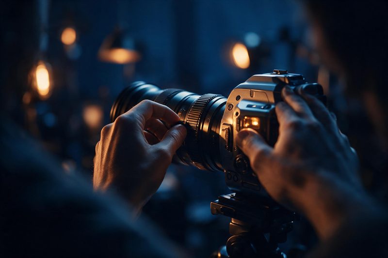 Hände stellen die Schärfe an einer Filmkamera bei einem abendlichen Dreh ein