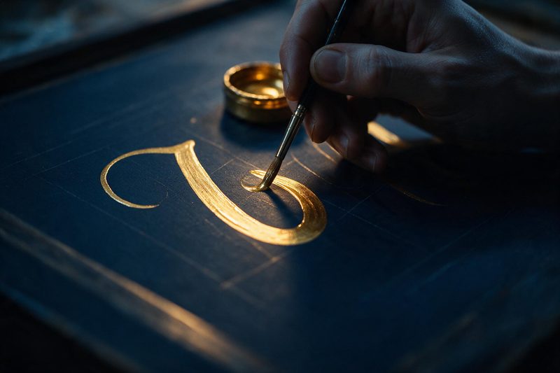Eine Hand malt mit feinem Pinsel einen goldenen Schriftzug auf ein dunkelblaues Schild
