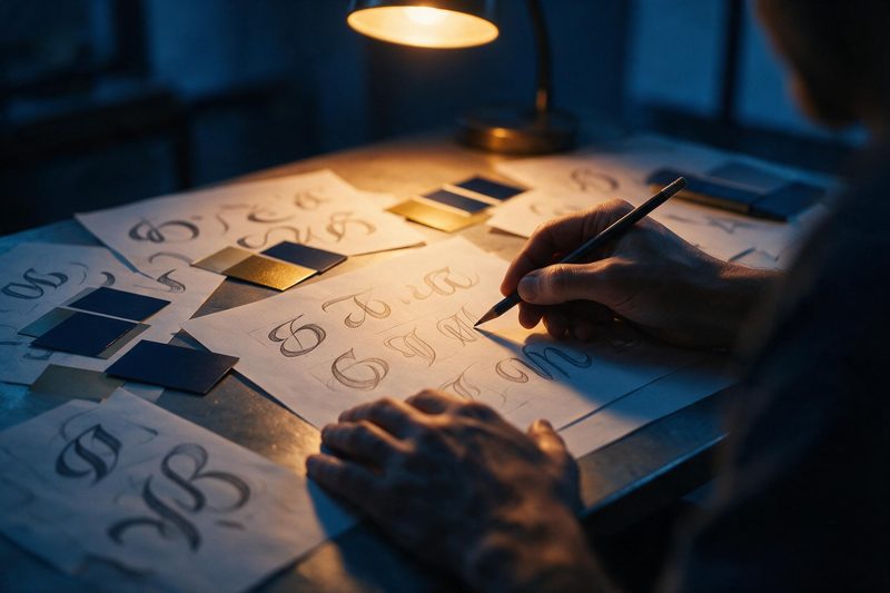 Hände skizzieren Logo-Entwürfe mit Bleistift, daneben Farbmuster in Blau und Gold